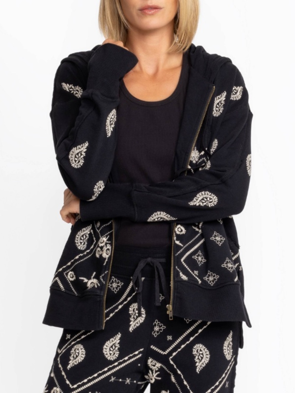 Johnny Was Devi Raw Seam Black Bandana-Print Zip Up Hoodie. Size XS
